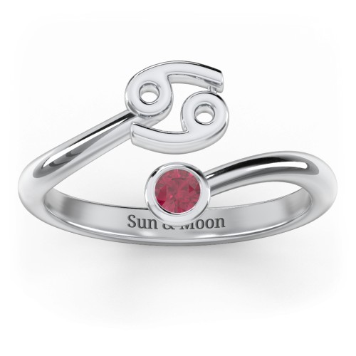 Zodiac Sign & Birthstone Bypass Ring – Sterling Silver with Ruby