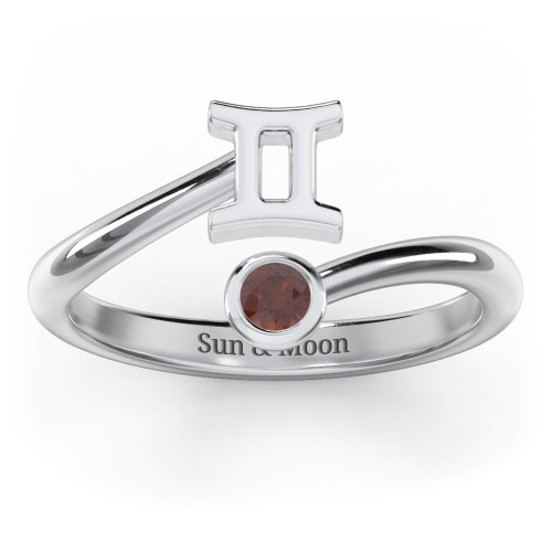 Zodiac Sign & Birthstone Bypass Ring – Sterling Silver with Garnet