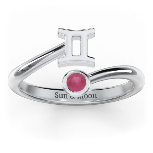 Zodiac Sign & Birthstone Bypass Ring – Sterling Silver with Ruby
