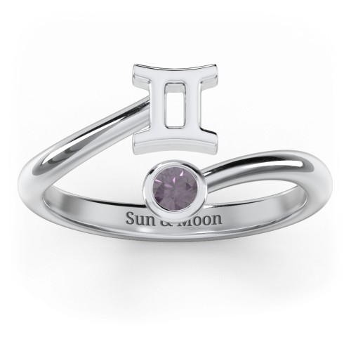 Zodiac Sign & Birthstone Bypass Ring – Sterling Silver with Alexandrite