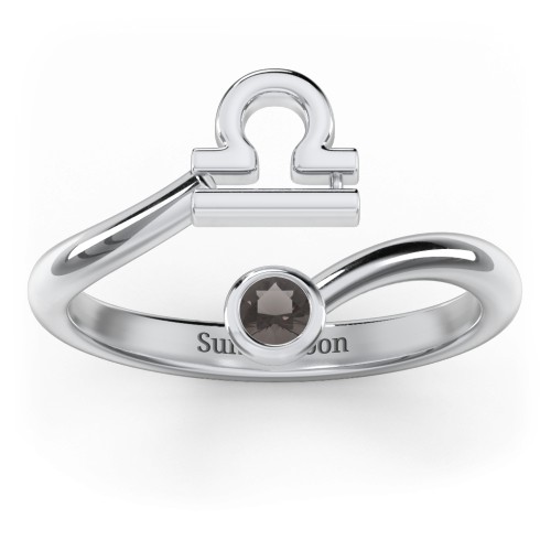 Zodiac Sign & Birthstone Bypass Ring – Sterling Silver with Smokey Quartz