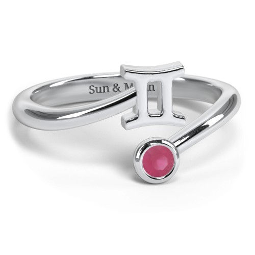 Zodiac Sign & Birthstone Bypass Ring – Sterling Silver with Ruby