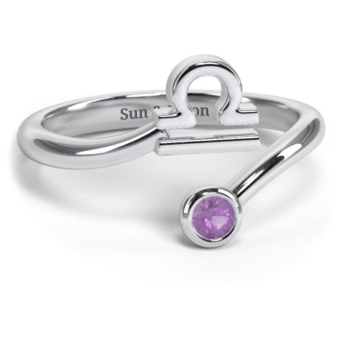 Zodiac Sign & Birthstone Bypass Ring – Sterling Silver with Amethyst