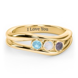 Curved 3 Bezel-Set Round Birthstone Ring in 18K Gold Plated Silver with Blue Topaz, Opal, and Alexandrite