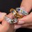 Curved 3 Bezel-Set Round Birthstone Ring – 18K Gold Plated Silver with Blue Topaz, Opal, and Alexandrite