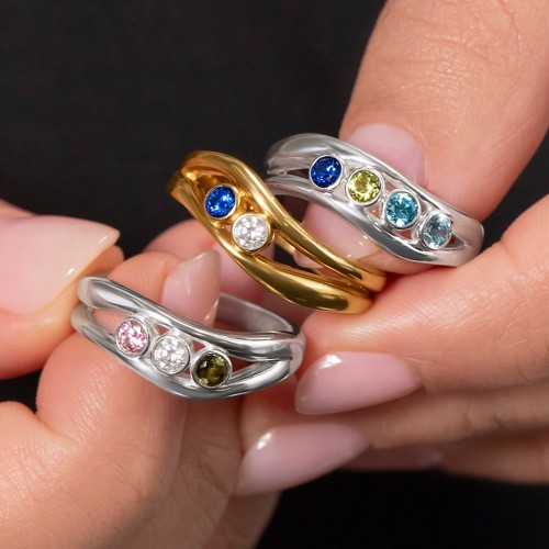 Curved 3 Bezel-Set Round Birthstone Ring – 18K Gold Plated Silver with Blue Topaz, Opal, and Alexandrite