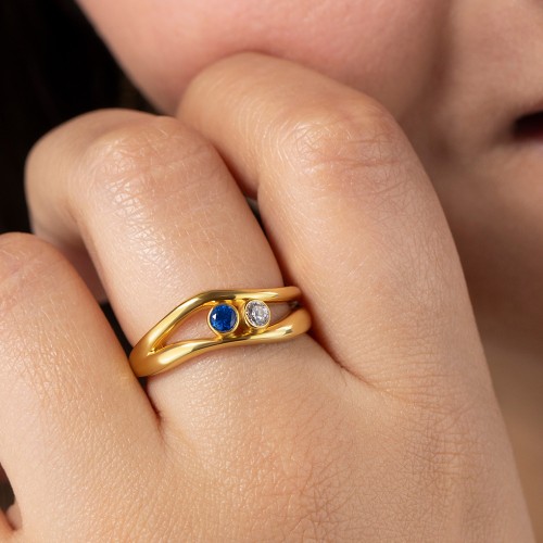 Curved 3 Bezel-Set Round Birthstone Ring – 18K Gold Plated Silver with Blue Topaz, Opal, and Alexandrite