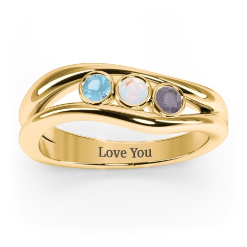 Curved 3 Bezel-Set Round Birthstone Ring – 18K Gold Plated Silver with Blue Topaz, Opal, and Alexandrite