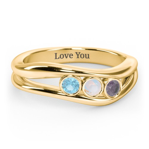Curved 3 Bezel-Set Round Birthstone Ring – 18K Gold Plated Silver with Blue Topaz, Opal, and Alexandrite