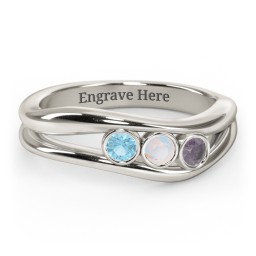 Curved 3 Bezel-Set Round Birthstone Ring in 10K Solid White Gold with Blue Topaz, Opal, and Alexandrite