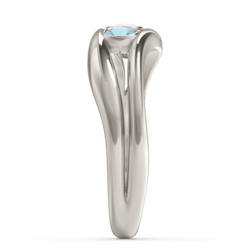 Curved 3 Bezel-Set Round Birthstone Ring – 10K White Gold with Blue Topaz, Opal, and Alexandrite