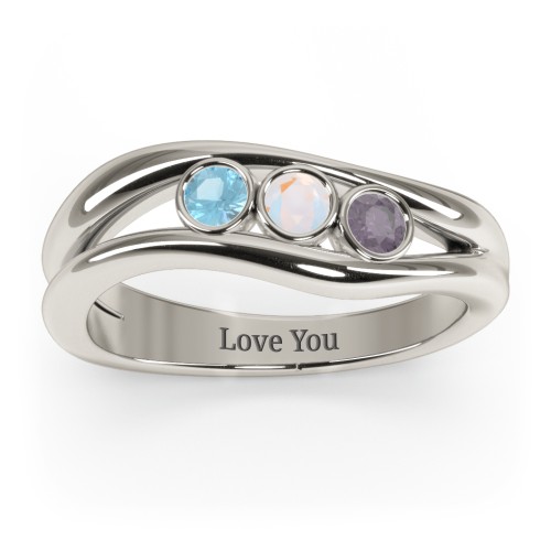 Curved 3 Bezel-Set Round Birthstone Ring – 10K White Gold with Blue Topaz, Opal, and Alexandrite