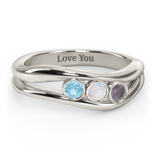 Curved 3 Bezel-Set Round Birthstone Ring – 10K White Gold with Blue Topaz, Opal, and Alexandrite