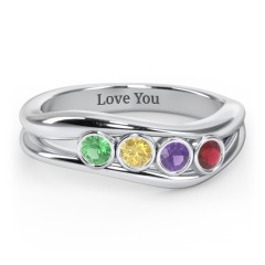 Curved 4 Bezel-Set Round Birthstone Ring – 10K White Gold with Emerald, Citrine, Amethyst, and Garnet