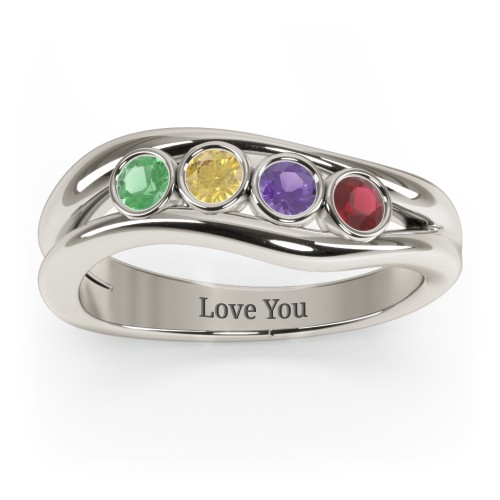 Curved 4 Bezel-Set Round Birthstone Ring – 10K White Gold with Emerald, Citrine, Amethyst, and Garnet