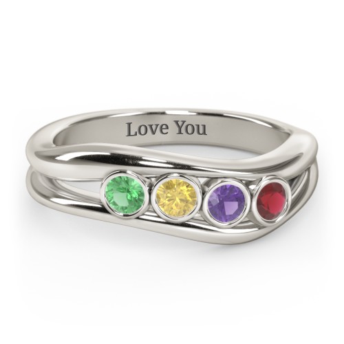 Curved 4 Bezel-Set Round Birthstone Ring – 10K White Gold with Emerald, Citrine, Amethyst, and Garnet