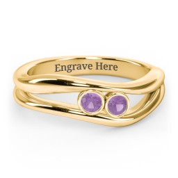 Curved 2 Bezel-Set Round Birthstone Ring in 18K Gold Plated Silver with Amethyst, Emerald, and Blue Topaz