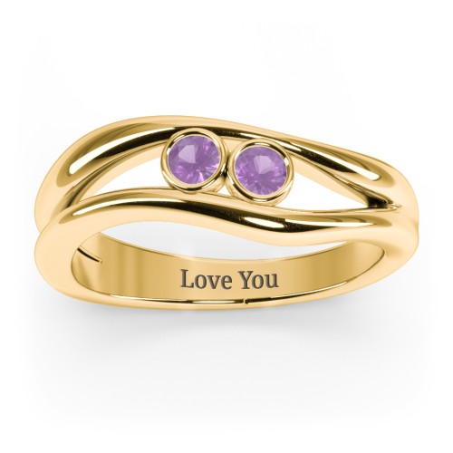 Curved 2 Bezel-Set Round Birthstone Ring – 18K Gold Plated Silver with Amethyst