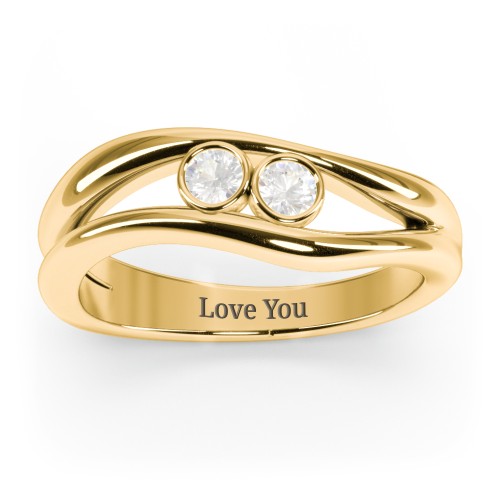 Curved 2 Bezel-Set Round Birthstone Ring – 18K Gold Plated Silver with Cubic Zirconia