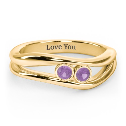 Curved 2 Bezel-Set Round Birthstone Ring – 18K Gold Plated Silver with Amethyst