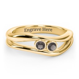 Curved 2 Bezel-Set Round Birthstone Ring in 18K Gold Plated Silver with Smokey Quartz, Emerald, and Blue Topaz