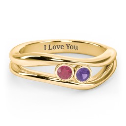 Curved 2 Bezel-Set Round Birthstone Ring in 18K Gold Plated Silver with Ruby, Amethyst, Emerald, and Blue Topaz