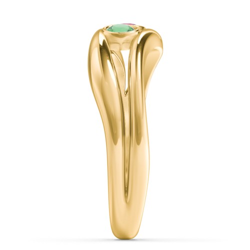 Curved 2 Bezel-Set Round Birthstone Ring – 18K Gold Plated Silver with Emerald and Ruby