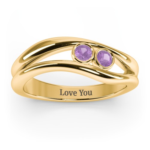 Curved 2 Bezel-Set Round Birthstone Ring – 18K Gold Plated Silver with Amethyst