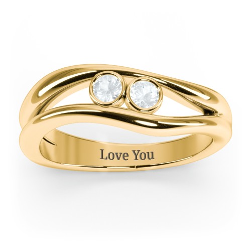 Curved 2 Bezel-Set Round Birthstone Ring – 18K Gold Plated Silver with Aquamarine