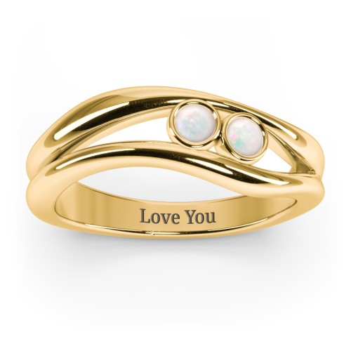 Curved 2 Bezel-Set Round Birthstone Ring – 18K Gold Plated Silver with Opal