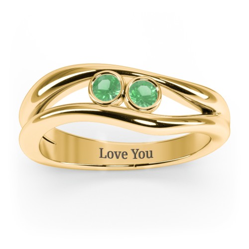 Curved 2 Bezel-Set Round Birthstone Ring – 18K Gold Plated Silver with Emerald