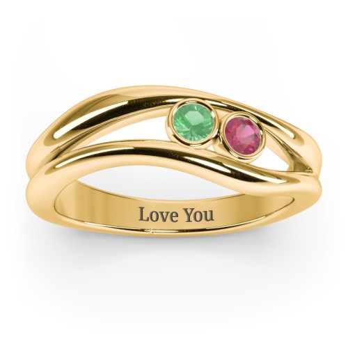 Curved 2 Bezel-Set Round Birthstone Ring – 18K Gold Plated Silver with Emerald and Ruby