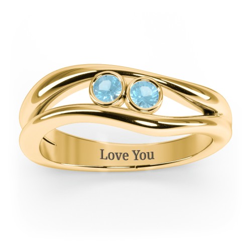 Curved 2 Bezel-Set Round Birthstone Ring – 18K Gold Plated Silver with Blue Topaz