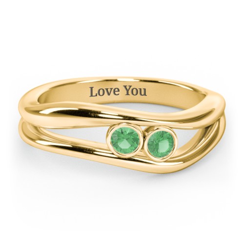 Curved 2 Bezel-Set Round Birthstone Ring – 18K Gold Plated Silver with Emerald