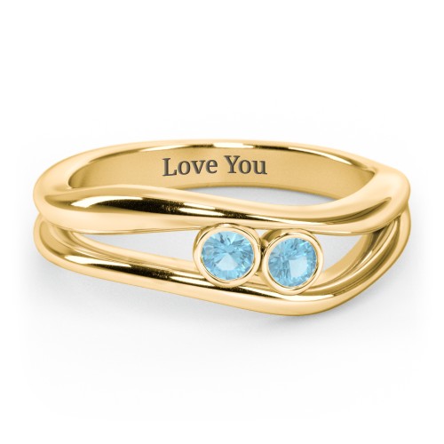Curved 2 Bezel-Set Round Birthstone Ring – 18K Gold Plated Silver with Blue Topaz