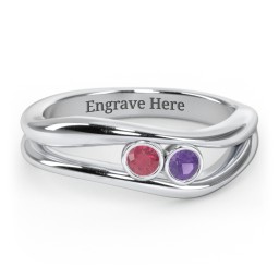 Curved 2 Bezel-Set Round Birthstone Ring in 925 Sterling Silver with Ruby, Amethyst, Emerald, and Blue Topaz