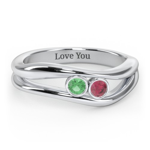 Curved 2 Bezel-Set Round Birthstone Ring – Sterling Silver with Emerald and Ruby