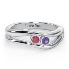 Curved 2 Bezel-Set Round Birthstone Ring – 10K White Gold with Ruby and Amethyst