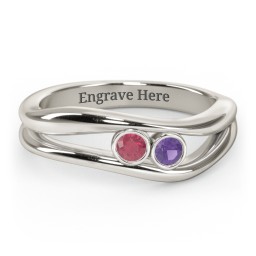 Curved 2 Bezel-Set Round Birthstone Ring in 10K Solid White Gold with Ruby, Amethyst, Emerald, and Blue Topaz