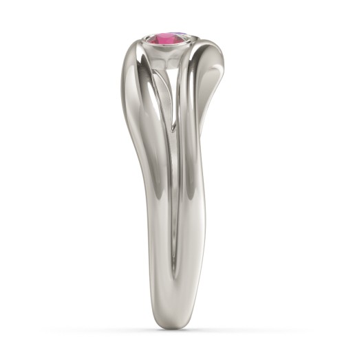 Curved 2 Bezel-Set Round Birthstone Ring – 10K White Gold with Ruby and Amethyst