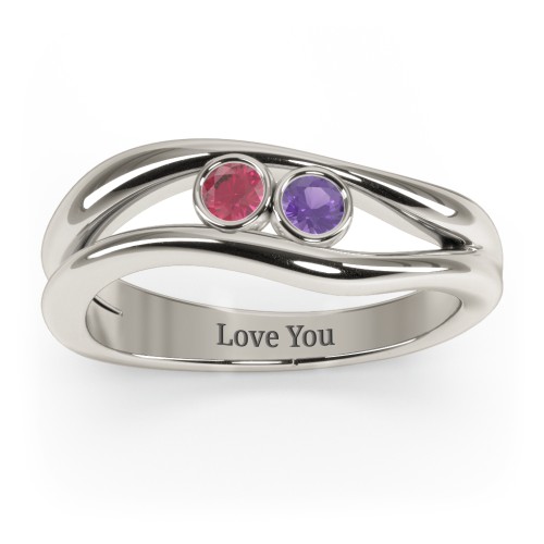 Curved 2 Bezel-Set Round Birthstone Ring – 10K White Gold with Ruby and Amethyst