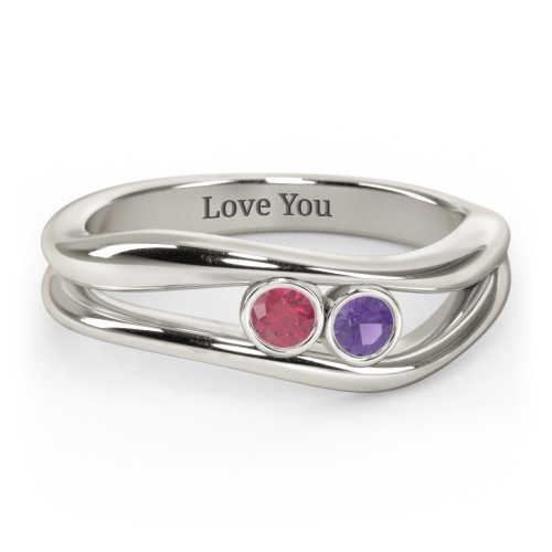 Curved 2 Bezel-Set Round Birthstone Ring – 10K White Gold with Ruby and Amethyst