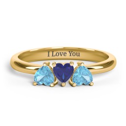 3 Heart Birthstone Ring in 18K Gold Plated Silver with Blue Topaz and Blue Sapphire