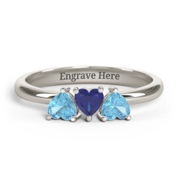 3 Heart Birthstone Ring in 10K Solid White Gold with Blue Topaz and Blue Sapphire
