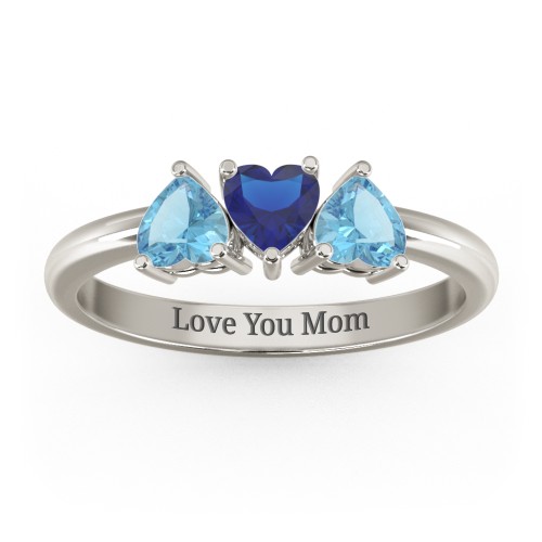 3 Heart Birthstone Ring – 10K White Gold with Blue Topaz and Blue Sapphire