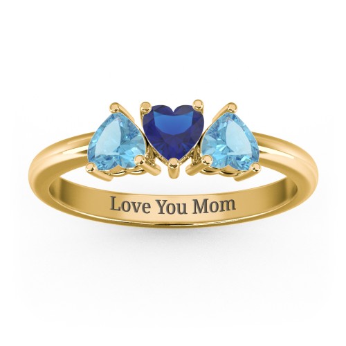 3 Heart Birthstone Ring – 10K Yellow Gold with Blue Topaz and Blue Sapphire