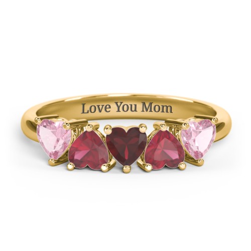 5 Heart Birthstone Ring – 18K Gold Plated Silver with Pink Tourmaline, Ruby, and Garnet
