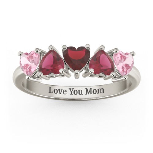 5 Heart Birthstone Ring – 10K White Gold with Pink Tourmaline, Ruby, and Garnet