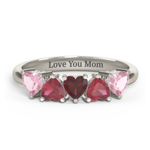 5 Heart Birthstone Ring – 10K White Gold with Pink Tourmaline, Ruby, and Garnet