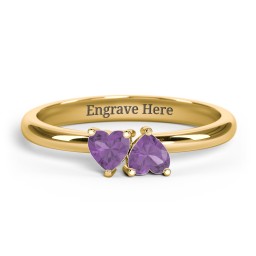 2 Heart Birthstone Ring in 18K Gold Plated Silver with Amethyst, Blue Sapphire, Blue Topaz, Emerald, and Peridot